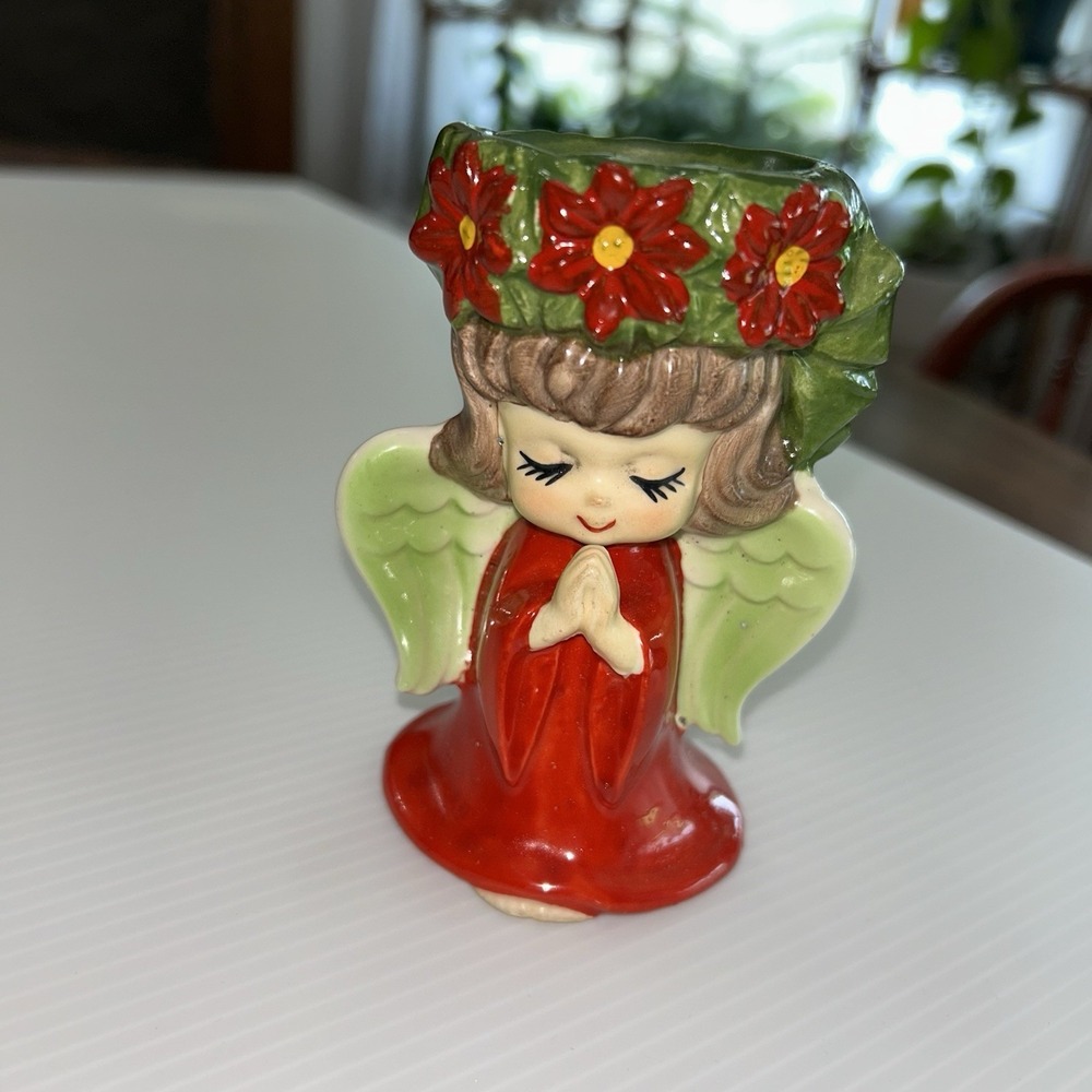 Lefton Christmas Angel Poinsettia Candle Holder Ceramic Japan Red Green